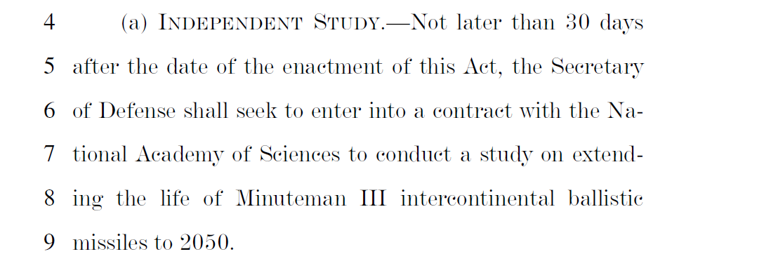 Now  @RepGaramendi has one of the first real reruns of last year's markup: a study on extending the life of the Minuteman III, the nuclear ICBM GBSD will replace (starting around 2030).