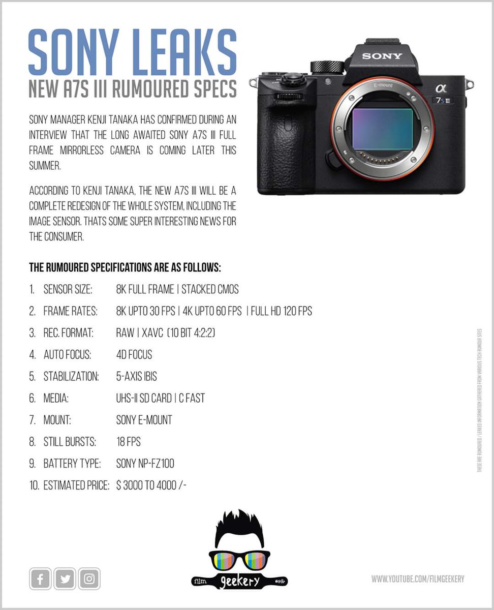 FilmGeekery's tweet photo. #SonyLeaks #a7S3 #Rumoured Specifications

#Cinematographer #DOP #Cinematography #RAW #XAVC #FilmGeekery #FullFrame #Mirrorless https://t.co/PFhtNILmwl
