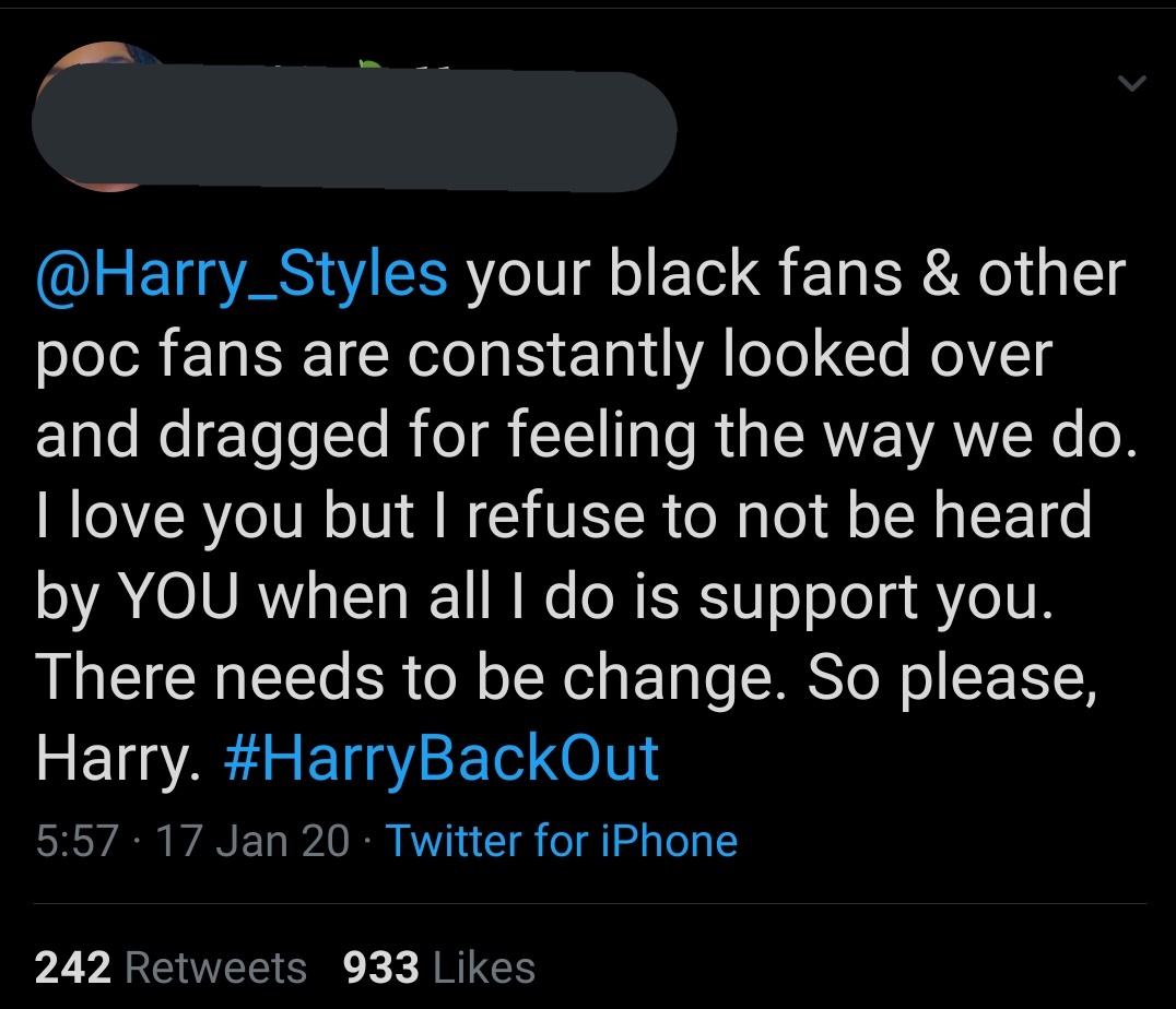 In 2020, Harry decided to perform at the NFL Pepsi Super bowl party. Both the NFL and Pepsi are known to be racist and Harry's decision to perform there contradicts his claim to support BLM. His black fans requested him to back out and trended  #harrybackout but they were ignored.