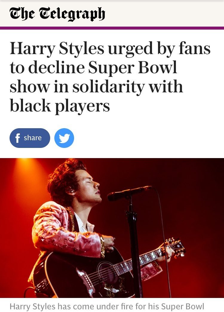 In 2020, Harry decided to perform at the NFL Pepsi Super bowl party. Both the NFL and Pepsi are known to be racist and Harry's decision to perform there contradicts his claim to support BLM. His black fans requested him to back out and trended  #harrybackout but they were ignored.