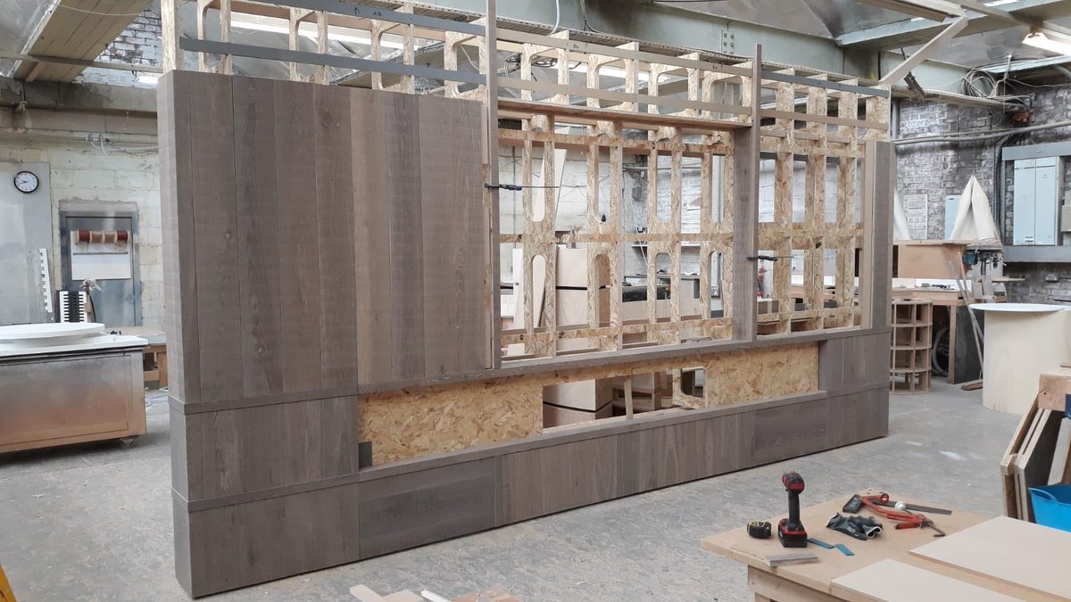 Lignify1's tweet image. A little snippet of the stages in the production system to manufacture this feature fire place, soon to be installed in high end student accommodation. Skeleton manufactured out of smartply OSB and cladded in @havwoods flooring