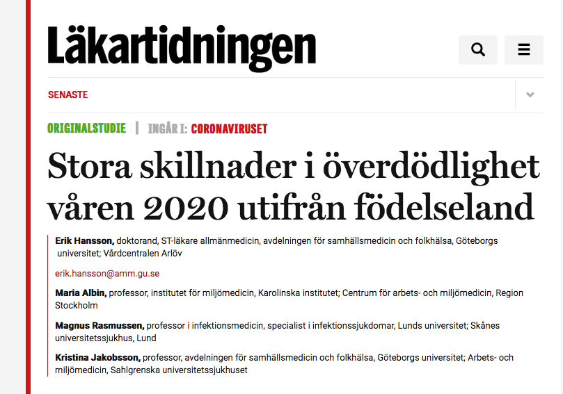 1) Study: large excess  #COVID19 mortality among Swedish residents born in Iraq, Syria, Somalia. March-May 2020, excess mortality rates (vs. 2016-19):Born Iraq, Syria, SomaliaAge 40-64: +220%Age 65+: +205%Born Sweden, Nordics, EU, N. AmericaAge 40-64: -1%Age 65+: +19%