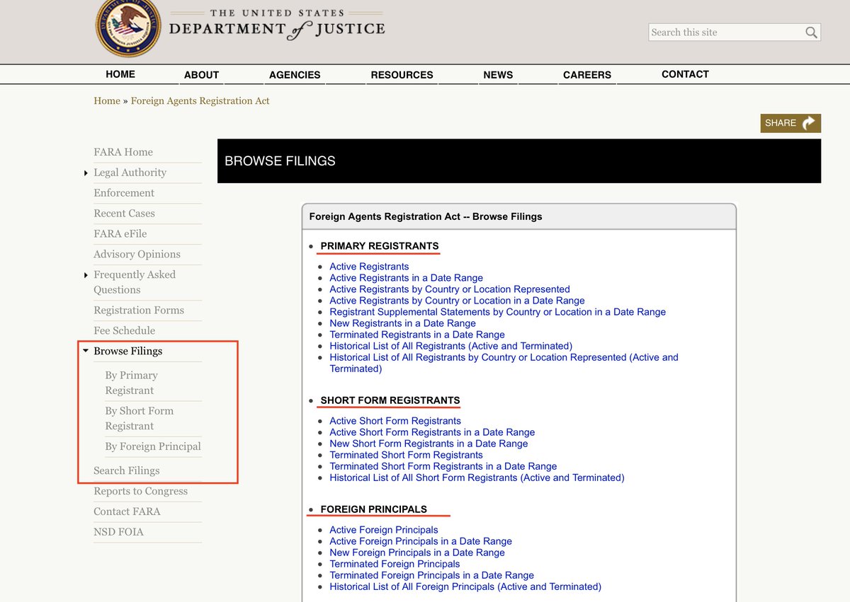 Under BROWSE FILINGS, there are three categories:- FOREIGN PRINCIPALS - the country or organization they represent *for the purpose of changing U.S. policy to foreigners' benefit*- PRIMARY REGISTRANTS - the Agent hired by the Foreign Principal- SHORT FORMS - Individual people