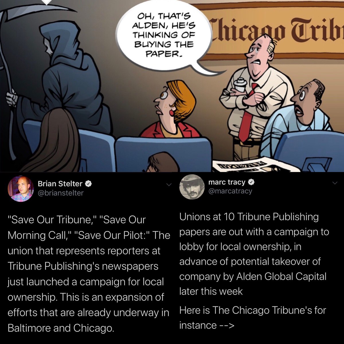damian_odoherty's tweet photo. @brianstelter and @marcatracy report on the local journalism movement and journo revolt underway - all with a @dfmworkers cartoon about Alden Global Capital’s Heath Freeman. #SaveOurPilot #SaveOurMorningCall #SaveOurTribune #SaveOurSun https://t.co/vF59UYbCIp