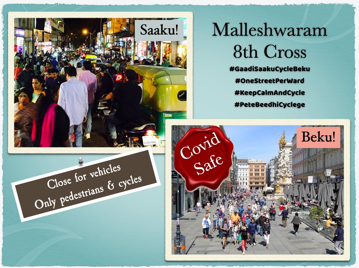 tarauk's tweet photo. 40+ citizen groups, 300+ citizens want 3 Bengaluru streets to be motor-free. Pedestrian/cycle only. Close the roads, free the people. #GandhiBazaar #Commercial #Malleshwran8thCross must be made
#CovidSafePeteBeedhi #CovidSafeMarketStreets #GaadiSaakuCycleBeku #OneStreetPerWard https://t.co/puwZJUz9nX