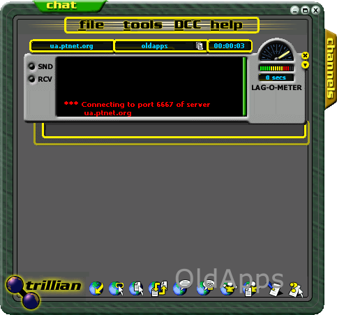 trillianastra's tweet photo. trillian was first released 20 years ago today at 5am after an all-night coding spree, freshly compiled with visual c++ 6.0.  it looked like this (thanks @ryansaghir!) and only connected to IRC at the time.  to all of our users, thank you for two decades of support! 🥲 👴🍰🥂 https://t.co/JOZA9m8JR5