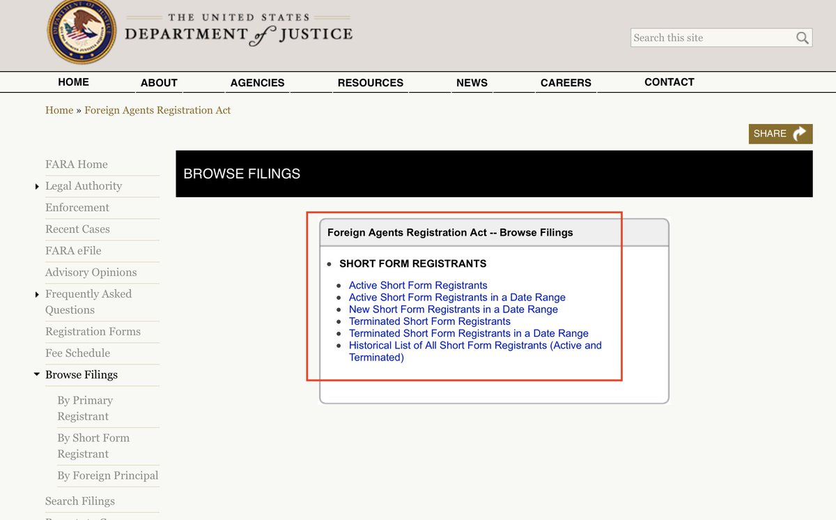 In this case, let's look up Howard "Bud" McKeon from the NBC story. Looks like he registered for Saudi Arabia right after Trump's election! We go to "Short Form Registrants" because he's a person - don't know the Primary Registrant name yet.