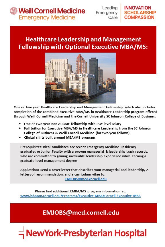 WCMEmergency's tweet photo. Our Healthcare Leadership &amp; Management Fellowship is recruiting for its next fellow! This administrative fellowship features either a one or two year (with executive MBA/MS option). For more information on this exciting opportunity visit: https://t.co/q2gfDXVh0y https://t.co/cqQ3ID5lTw