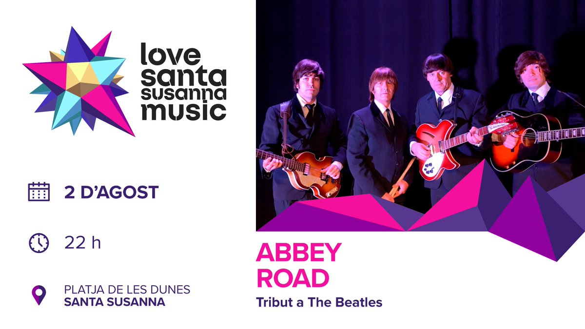 Els capvespres d'aquest estiu seran de les bandes tribut. El diumenge 2 d'agost cantarem ben alt i ben fort els èxits immortals de #thebeatles amb els incombustibles <a href="/BcnRoad/">ABBEYROADBCN ABBEY'S</a>   🎶

📍 Platja de les Dunes, Santa Susanna.

#lovesantamusic20 #SantaSusanna