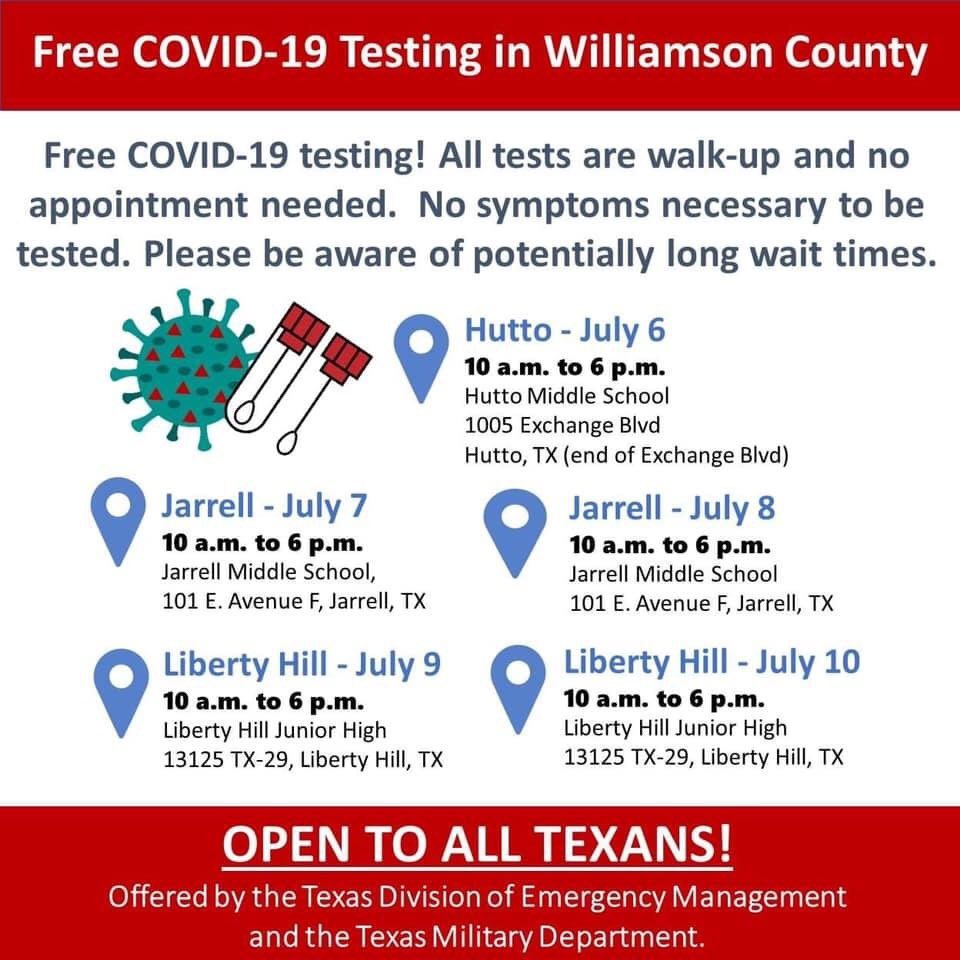 GHSTrainers's tweet photo. If you need to get tested for COVID-19, here are some upcoming testing sites that are available in Williamson County for free. https://t.co/t7yPZBvgc1