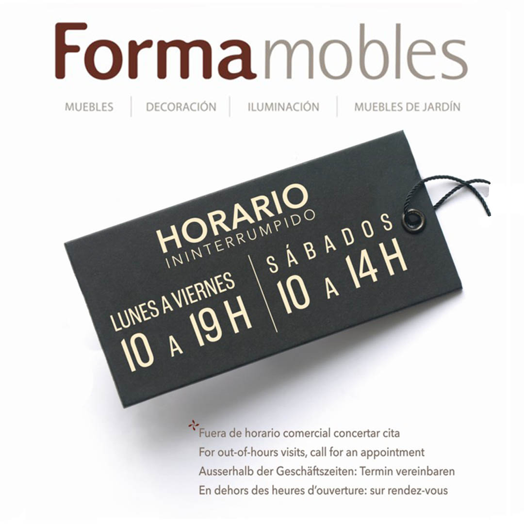 formamobles's tweet photo. Nuevo horario / New opening hours ⌚ 

A partir del hoy 1 de Julio volvemos con nuestro horario interrumpido de 10.00 h.  a 19.00 h. de lunes a viernes y los sábados de 10.00 h a 14.00 h.

- https://t.co/stIHhq29fb https://t.co/aUWn0DRvAc