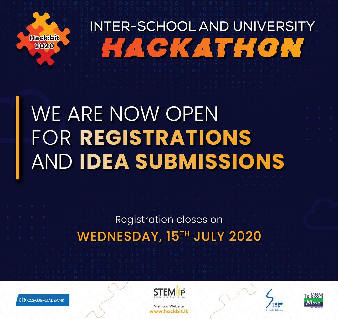 stemuplk's tweet photo. 📣 Hack:bit 2020

The moment you all have been waiting for, registrations are finally open....

Visit https://t.co/1syIH2Nr5Q for more information.

#lka #stemup #hackbit https://t.co/51WjRATZet