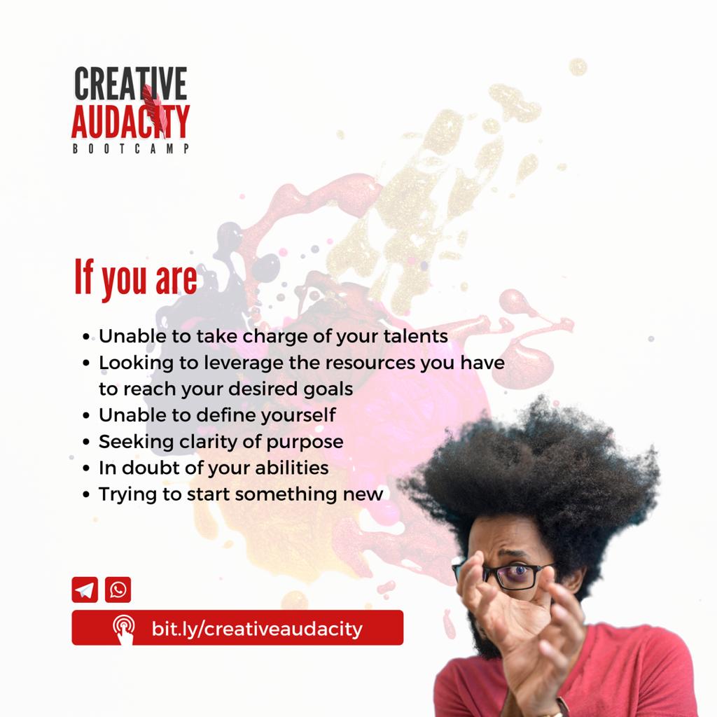 resightconsult's tweet photo. 20 slots have been paid for in the Creative Audacity Bootcamp for a second special cohort. Simply register to be among the first 20 in this cohort to benefit, free of charge.

Register here: https://t.co/eT3GB1Cjez https://t.co/uyYGEnVBzo