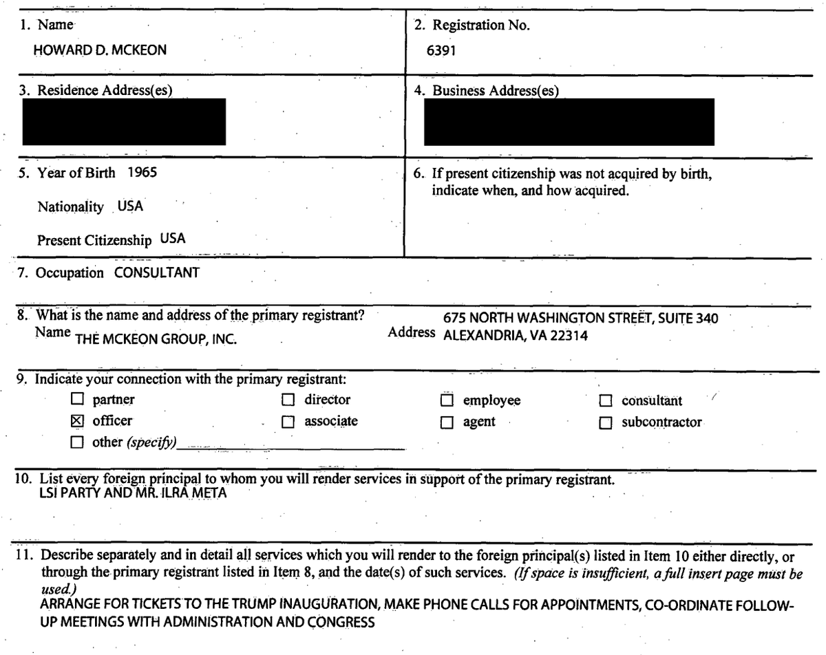 January 6, 2017 - in advance of the inauguration - Mr. McKeon has also registered for an ALBANIAN political leader from LSI Party to get tickets to the Trump Inauguration.