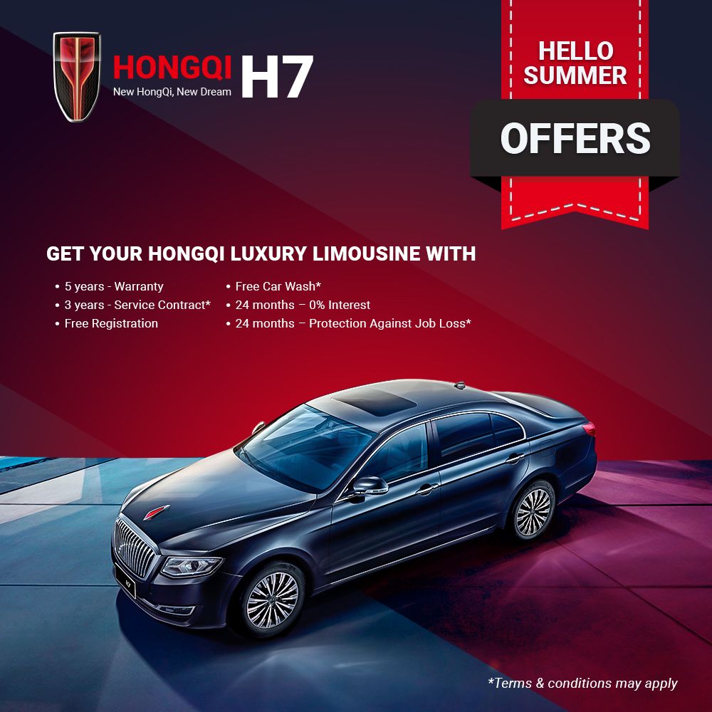 HongqiUae's tweet photo. Embrace luxury with the Hongqi H7. Check out our summer offers!

- 5 years/150,000 km of warranty
- 3 years/45,000 km of service contract*
- 3 years of insurance
- Free Registration
- Up to 24 months payment contract with 0% interest
..And much more!! https://t.co/TJLNFBWHpK