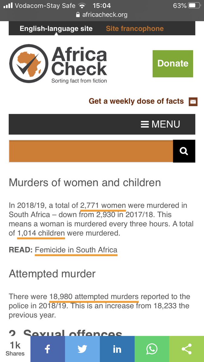But there is a larger context. Every year SA’s murder numbers increase. Significantly.Murders went from 20,336 in 17/18 to 21,022 in 18/19. And in 16/17 it was at 19,016 and 18,673 for the previous year.  @AfricaCheck
