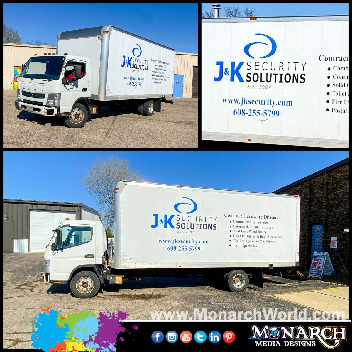 monarchmadison's tweet photo. This is way overdue but THANK YOU to J&amp;K Security for bringing in your fleet when we first opened back up a few weeks ago! We put fresh new graphics on two Jeeps, a van, and a box truck. 🦋✨ 
#vinylgraphics #monarchwrapstars #vehiclegraphics #madisonwi #vinyllettering #madisonwi https://t.co/G5x2gGSyVn