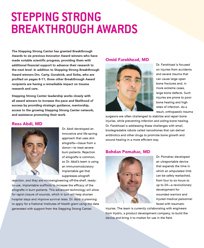 steppingstrong1's tweet photo. The #SteppingStrong Center has granted #BreakthroughAwards to 8 previous #InnovatorAward winners who have made notable scientific progress. Learn more about some of these remarkable physician-scientists in the 2019-2020 annual report. @pomahacMD @OmidFarokhzad #innovation https://t.co/2VgGFdJEth