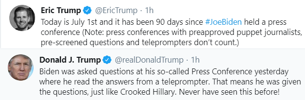 jamiedupree's tweet photo. Biden took questions yesterday.  He didn't read the answers from the teleprompter.  The questions yesterday (including those from a Fox News reporter) weren't submitted to him in advance.

This is just simple disinformation. https://t.co/S8d28Mq2gC