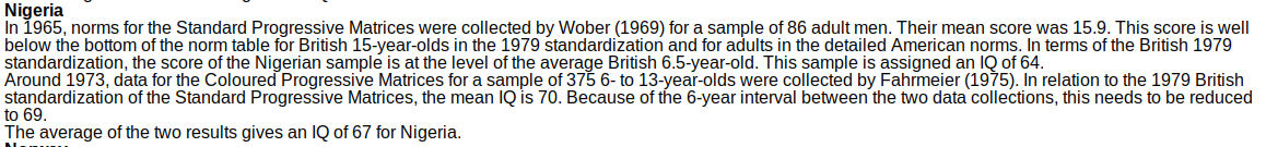 The score of Nigeria comes from testing 86 Nigerian adults and 375 13-years old. These 461 people represent, not only all of the 120,000,000 Nigerians (in 2002), but also the whole populations of Benin, Cameroon, the Central African Republic, Niger, and Togo.