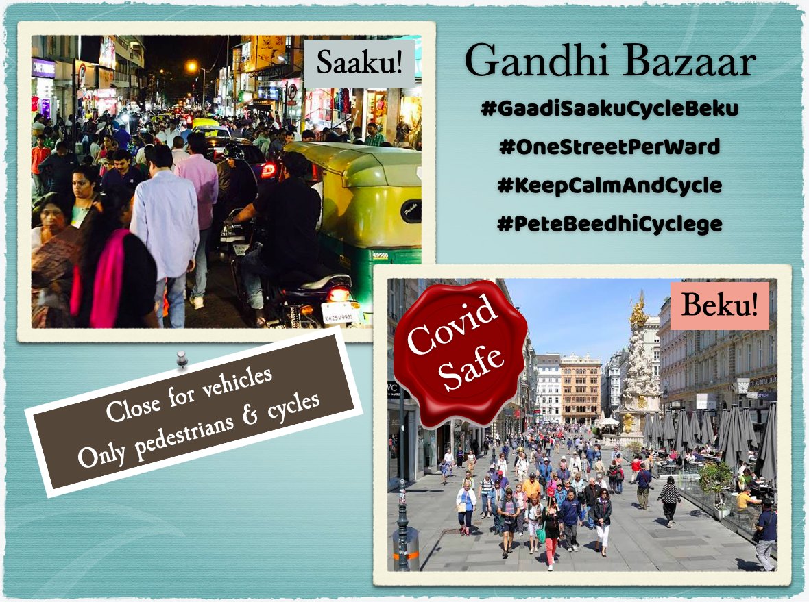 tarauk's tweet photo. 40+ citizen groups, 300+ citizens want 3 Bengaluru streets to be motor-free. Pedestrian/cycle only. Close the roads, free the people. #GandhiBazaar #Commercial #Malleshwran8thCross must be made
#CovidSafePeteBeedhi #CovidSafeMarketStreets #GaadiSaakuCycleBeku #OneStreetPerWard https://t.co/mdfS6vqlEp
