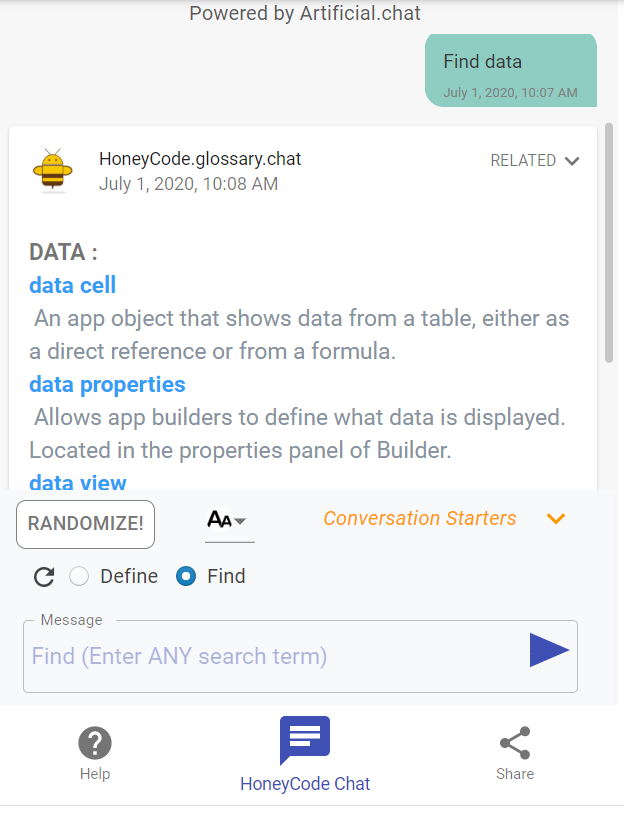 HoneyCoders's tweet photo. Easily "Find Data" in #honeycode with #glossarychat
https://t.co/3GW3SBBGpS
Powered by @ArtificialChat on @DracalDev with #aws #fullstackserverless @dynamodb @AWSAmplify #appsync @awscloud #LEX #chatbots #Amazon #NoCode #lowcode https://t.co/cUJvG2hDOn
