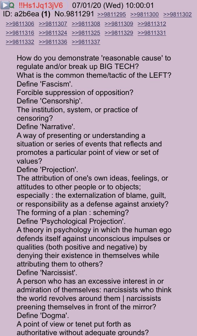 Q 455310:00:01 EST How do you demonstrate 'reasonable cause' to regulate and/or break up BIG TECH?What is the common theme/tactic of the LEFT?Define 'Fascism'. Forcible suppression of opposition?Define 'Censorship'.The institution, system, or practice of censoring?(Cont)