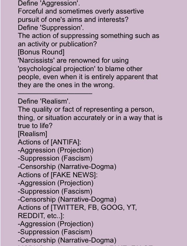 Q 455310:00:01 EST How do you demonstrate 'reasonable cause' to regulate and/or break up BIG TECH?What is the common theme/tactic of the LEFT?Define 'Fascism'. Forcible suppression of opposition?Define 'Censorship'.The institution, system, or practice of censoring?(Cont)