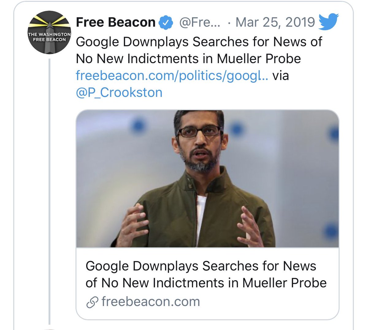 Sometimes the stuff they point to is just absolutely ridiculous. For instance, last year, the right-wing Washington Free Beacon accused Google of trying to hide news related to stories that there were no new indictments in the Mueller probe...
