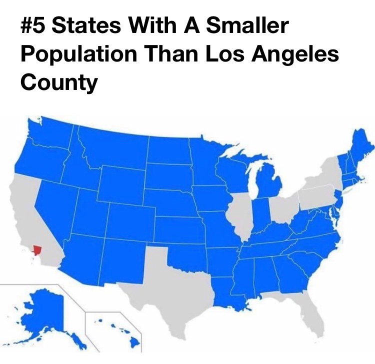 bbsgeography's tweet image. These blue states in the US 🇺🇸 each (not in total) have a population smaller than one city - Los Angeles (in red) 😮🗺 #BBSMapWeek #Geography #USA #LosAngeles #LA #California #LACounty #America