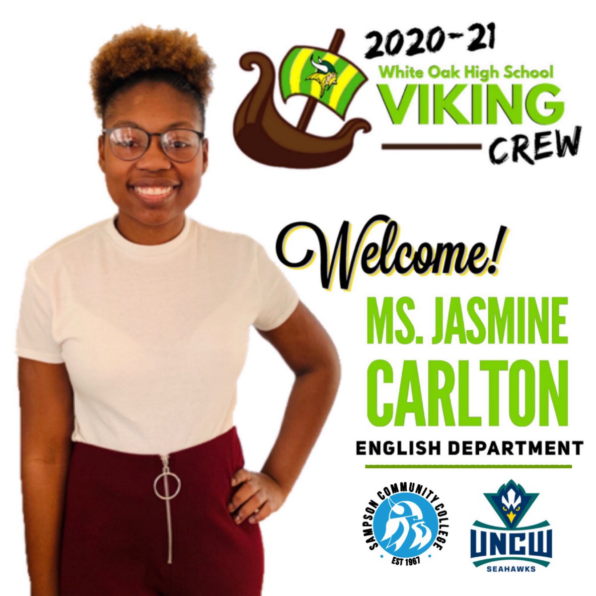 WhiteOakVikings's tweet photo. A new school year is on the way & WOHS is happy to welcome a new member to the Viking Crew. Ms. Jasmine Carlton is joining the English Department for 2020-21. Welcome to the Viking Family Ms. Carlton!! 💚💛
#ReadyToRow https://t.co/jEMlEeIBfJ