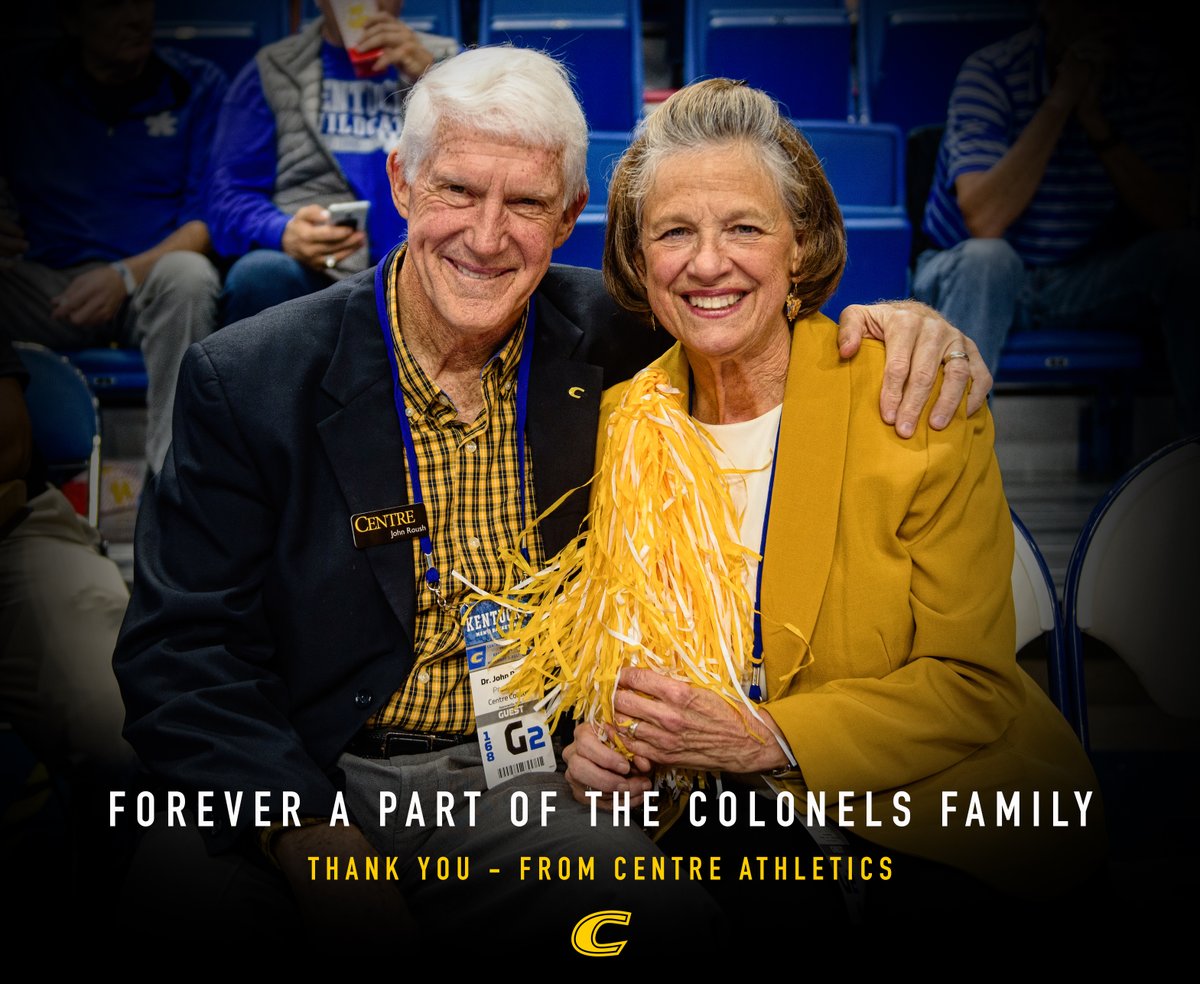 CentreAthletics's tweet photo. We offer an endless THANK YOU to John and Susie Roush for their unwavering support of Centre Athletics, and for 22 years of service to make @CentreC the best it can be. #GoldRush 🖤💛 https://t.co/vRh27iUiW1