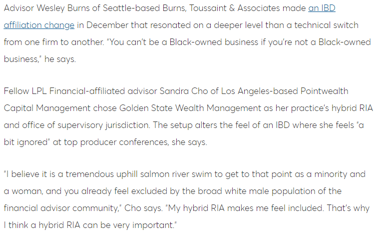 It's much deeper than BD registration and 1099 employment. Wesley Burns of Burns, Toussaint & Associates and Sandra Cho of Pointwealth Capital Management explain the significance of BD/RIA affilation to them as members of underrepresented groups in the financial services.