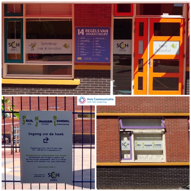 Wat raamstickers en gevelborden al niet kunnen doen met je zichtbaarheid in de wijk! Collega Karin Wangko ging aan de slag met de nieuwe gevel- en raambelettering voor de Paul Krugerschool in Den Haag #onderwijs #communicatie #DenHaag
