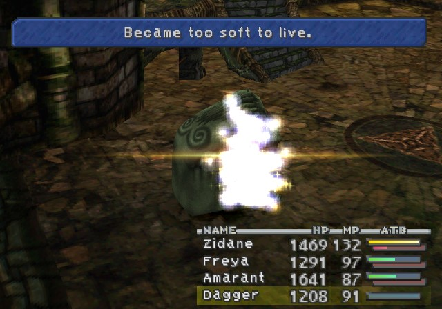 In Final Fantasy IX you can encounter statue-like enemies called Epitaphs, apparently made of stone. If you use the item Soft (normally used to cure petrification) on them, well...