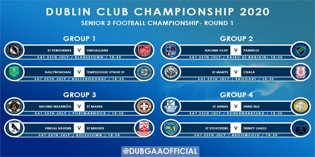 DubGAAOfficial's tweet photo. Fixture details have also been confirmed for the group stages of the 2020 Dublin Senior 2 Football Championship

#DSFC2 https://t.co/aozEGnzwV2
