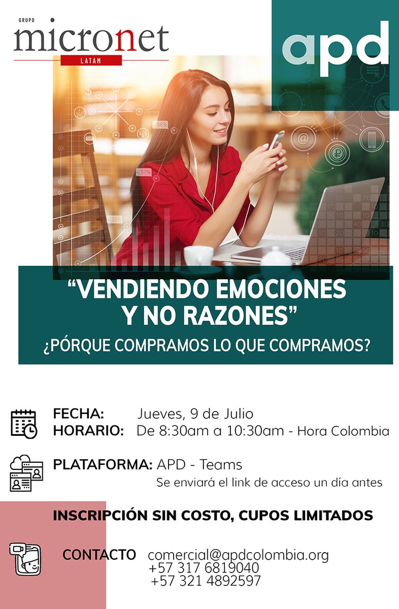 micronetpanama's tweet photo. APD Colombia y Micronet Latam lo invitan al WEBINAR:
“VENDIENDO EMOCIONES, NO RAZONES ¿PORQUE COMPRAMOS LO QUE COMPRAMOS

FECHA: Jueves 09 de Julio de 2020
HORA: 8:30 am a 10:30 am 

👉 Link: https://t.co/M3UsuEpJHQ https://t.co/hoGeUB1IRT