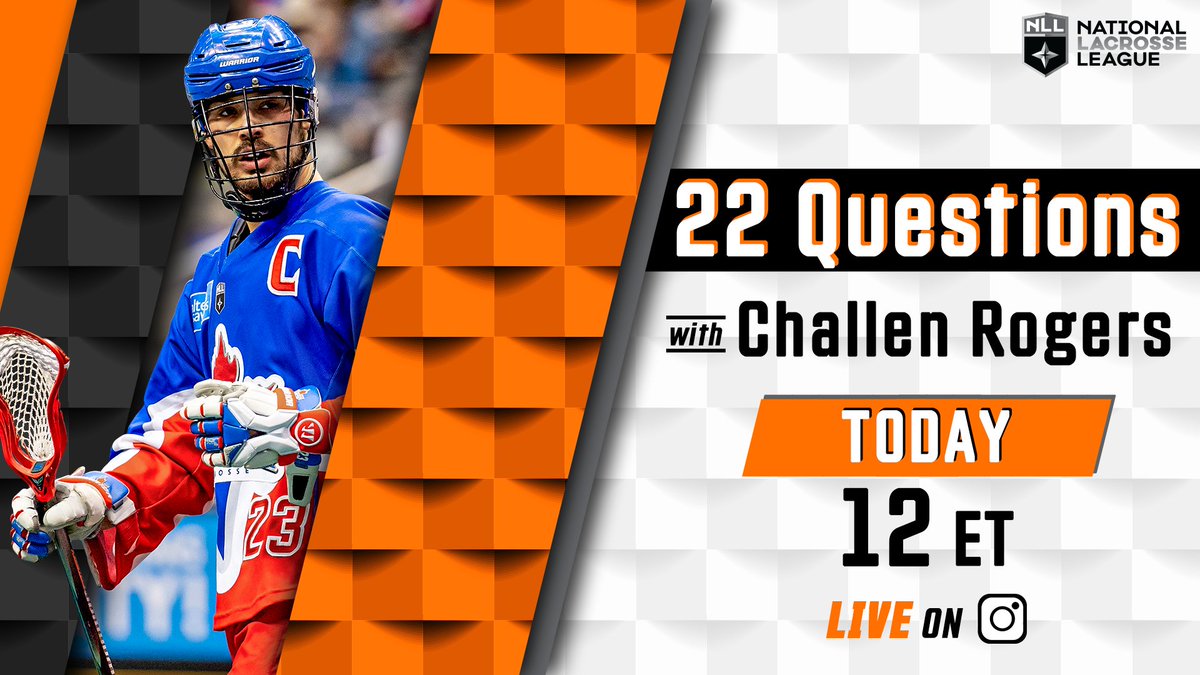 NLL's tweet photo. Today at noon ET, reigning two-time Transition Player of the Year @ChallenRogers  joins us on another edition of 𝟮𝟮 𝗤𝘂𝗲𝘀𝘁𝗶𝗼𝗻𝘀.

Tune in on Instagram live!

#22Questions | @TorontoRockLax https://t.co/jel2h9WEC1