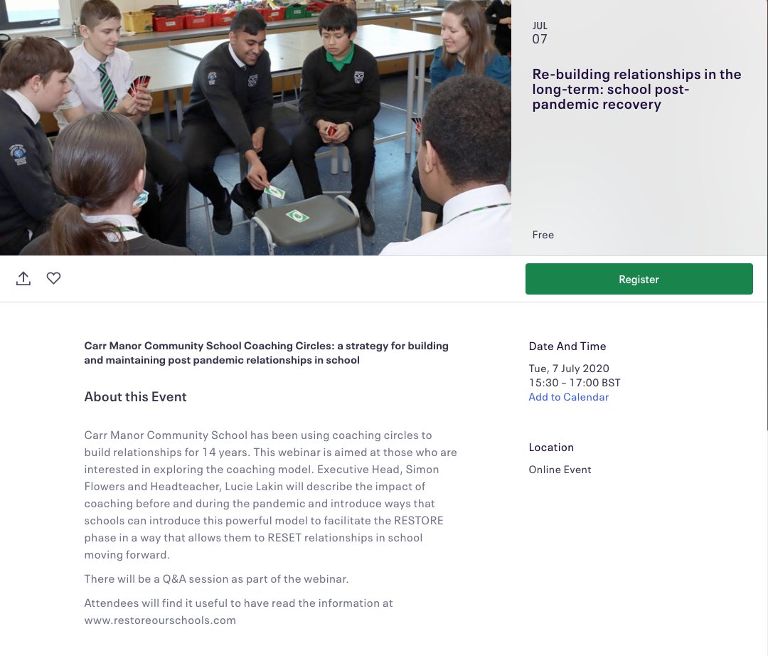 carr_manor's tweet photo. We are hosting a free, online event which looks at building and maintaining post pandemic #relationships in school. This will focus on our RESTORE and RESET phases moving forward. Tickets for this event are available here: https://t.co/J7alBhob8j #RESTOREtogether #RESTOREroadmap https://t.co/FHR1ubW5Ep