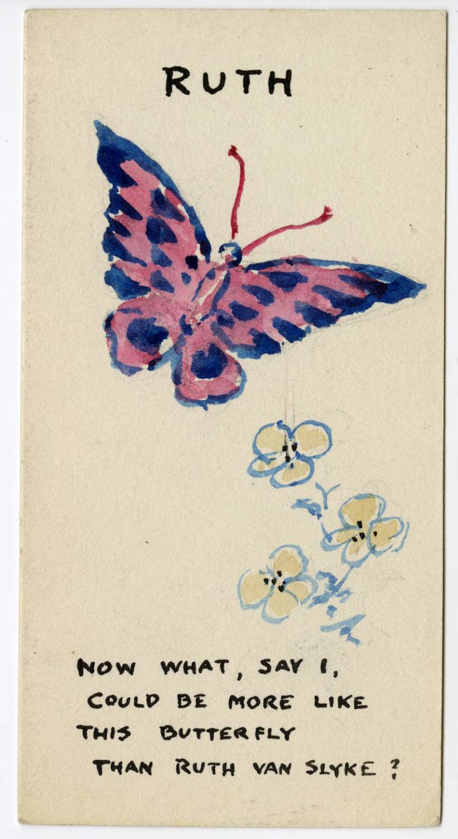Butterflies & flowers, a sure sign of summer, are evident in this dinner place card by Steele. Both signify robust & beautiful new life, a thing we strive for  @SherlockUMN  @umnlib as we seek a just & healthy world freed from racism, pandemics & all ills.  http://purl.umn.edu/99751 