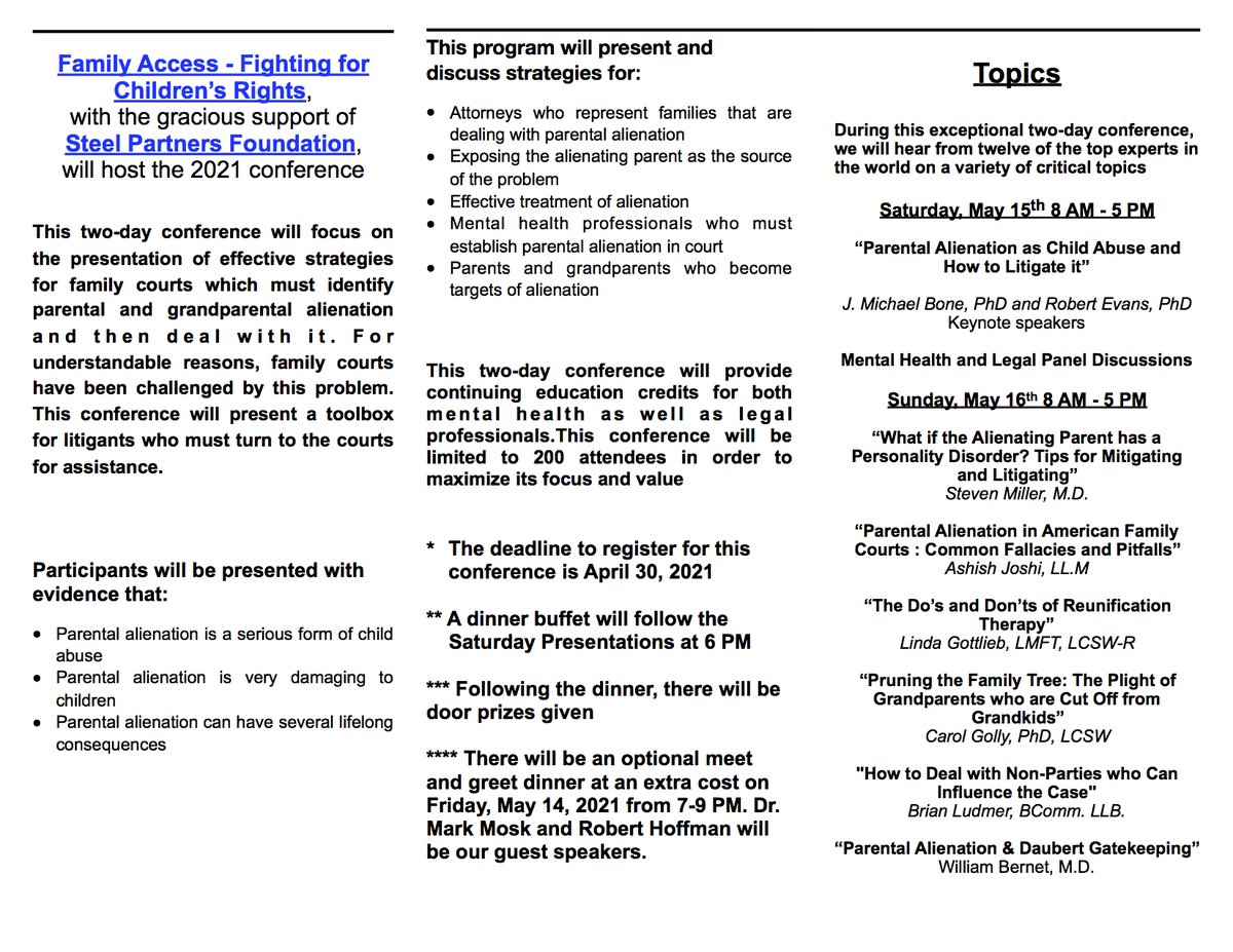 steelholding's tweet photo. The Steel Partners Foundation is proud to support the 2021 International Conference on Helping Courts Understand the Phenomenon of Alienation. Check out the flyer and conference brochure for more information. #SteelWell #ParentalAlienation #FamiliesBelongTogether https://t.co/CWRUn2hSX7