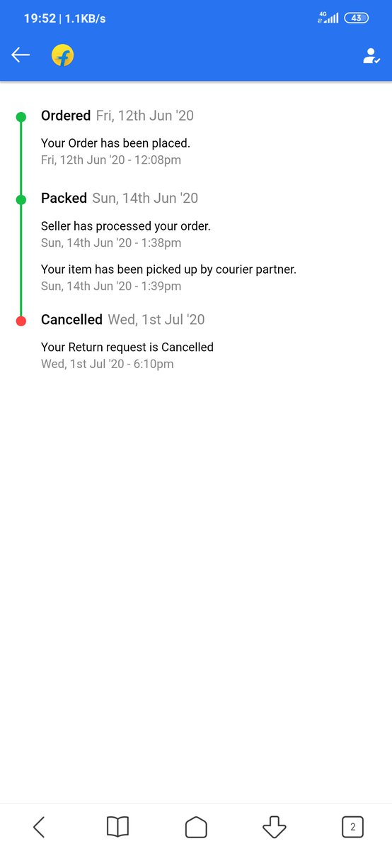 Sauravk14883620's tweet photo. @Flipkart @flipkartsupport @aajtak @ndtv @_Kalyan_K
Flipkart is fraud company. They delivered defective product. I placed replacement request same day. They took 37 days in looking into product shipment and at last they cancelled my replacement.They have looted 32k from me. https://t.co/g1YUcr5O1i