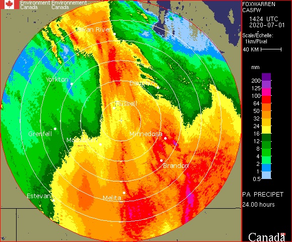 Heavy rain fell across many parts of southern Manitoba again last night. Here is another map showing radar-derived rainfall estimates in the region over the past 24 hours. #mbstorm