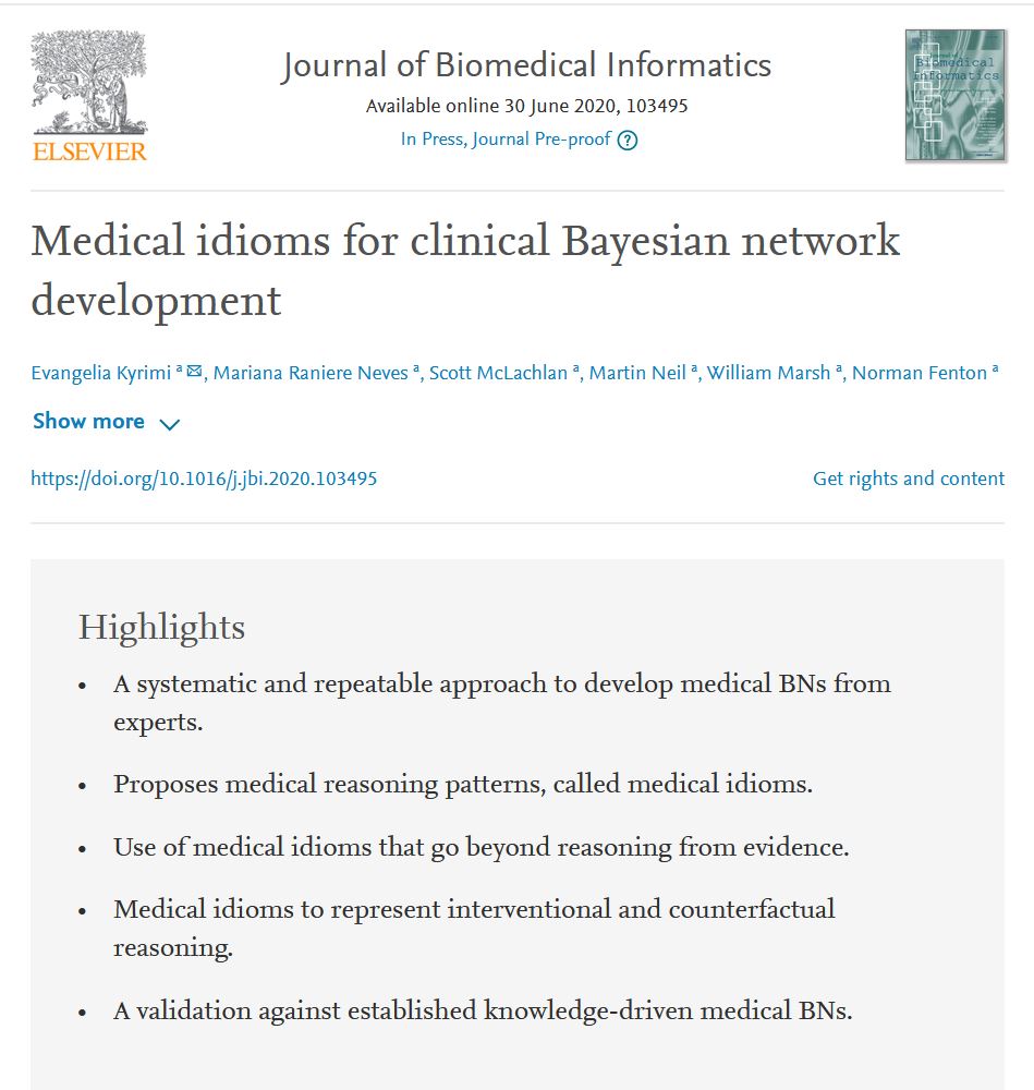 profnfenton's tweet photo. Our new paper led by @LinaKyrimi published today in Journal of Biomedical Informatics provides practical guidelines for building effective #BayesianNetwork models for medical decision support. Accepted paper is here: https://t.co/7tL9uDAp9v https://t.co/0zQ3PwS4vj