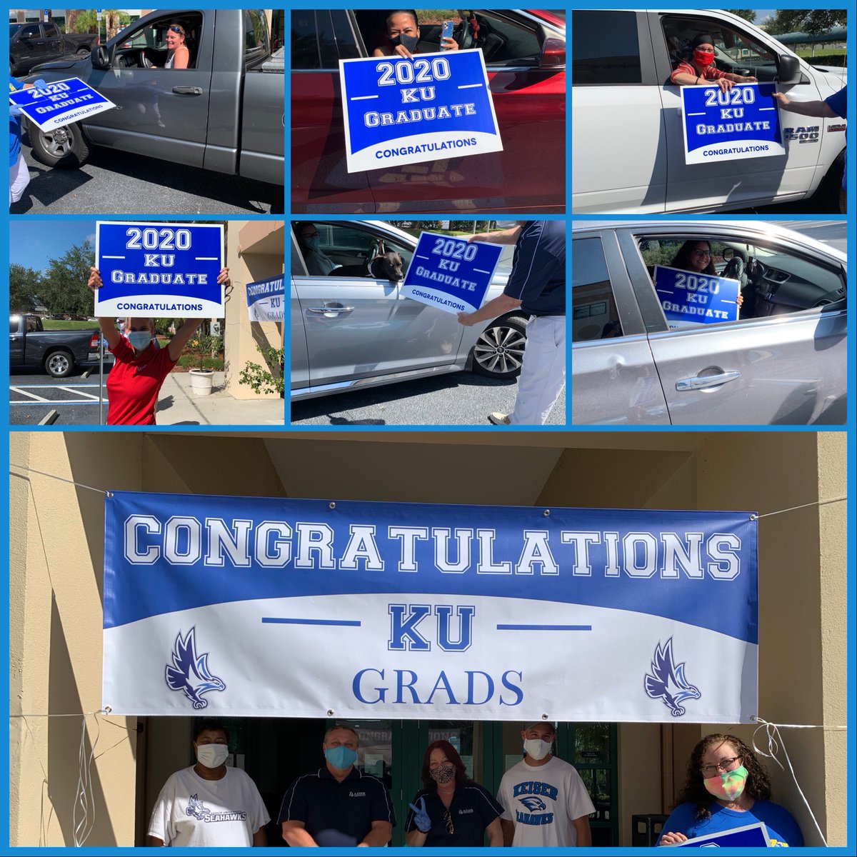 KeiserU's tweet photo. KeiserU #Lakeland celebrated graduates by passing out “Congratulations 2020 KU Graduate” yard signs in a Drive-Thru format. Faculty & staff cheered for them, and even with masks on, we can still see those big smiles!
#KeiserLakeland #KeiserUniversity #KeiserGrad #Classof2020 https://t.co/hCJ763epsp