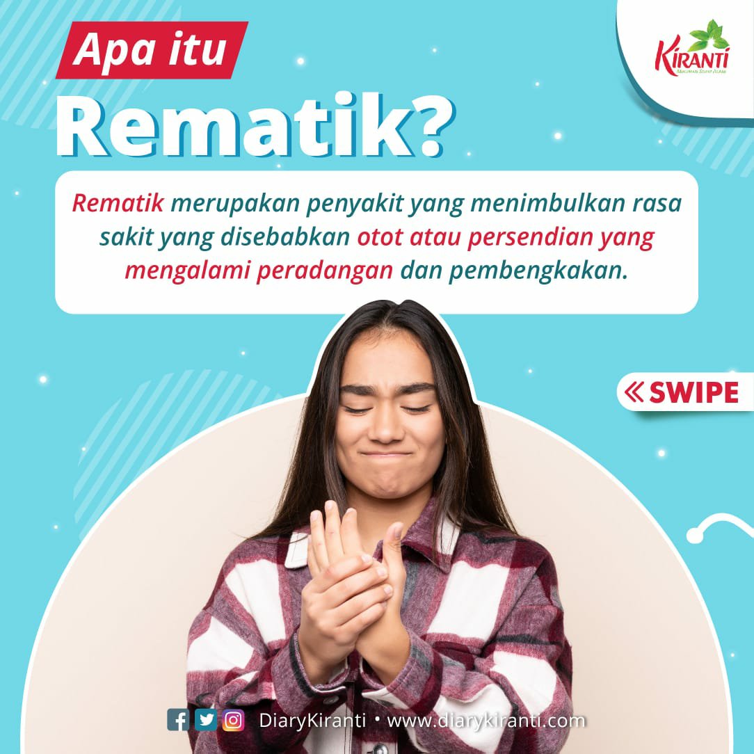DiaryKiranti's tweet photo. Siapa bilang kalau rematik hanya bisa dialami orang tua saja? Nyatanya, rematik bisa dialami pula oleh orang yang masih muda juga lho, Ladies.
Cari tahu yuk hal-hal apa saja yang dapat memicu seseorang terkena rematik.
#Kiranti #DiaryKiranti #PerempuanHebat #rematik #tulang https://t.co/yp9WLiG57V