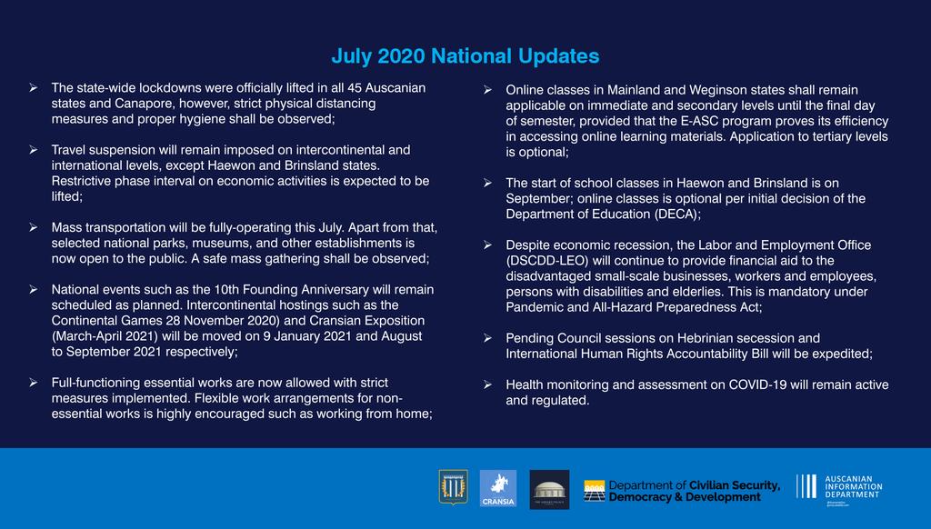 AuscaniaGov's tweet photo. SQID | Today: The July 2020 National and Cransian Updates. These cover the health status and new protocols from the national government. https://t.co/gAspzktVoF