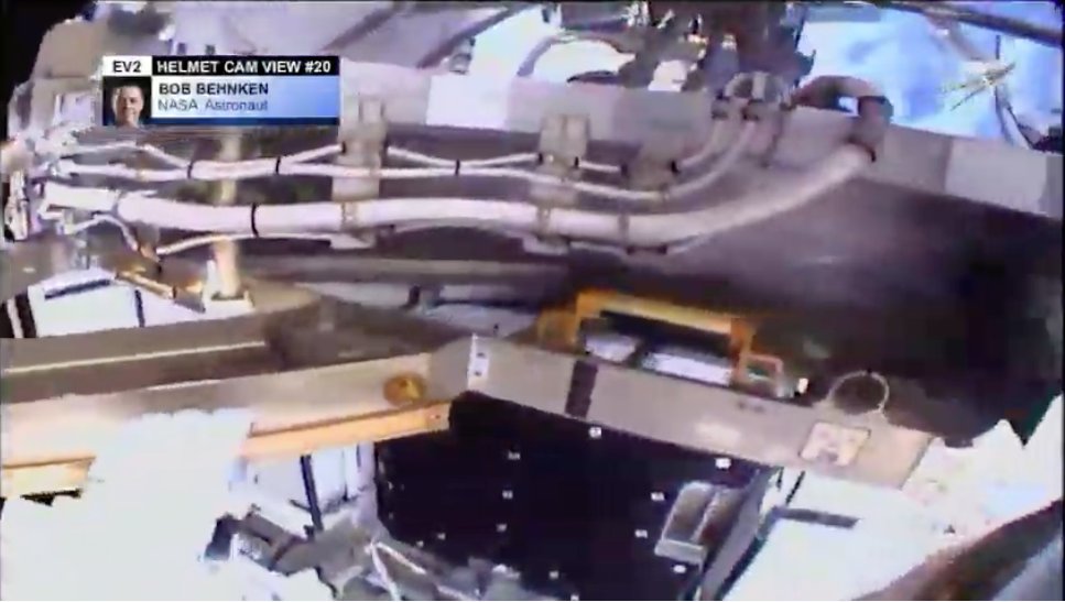 genejm29's tweet photo. #NASA #ISS #EXP63 #EVA229 #EVA66 - You can see Bob Behnken at an H-Fixture for removal, this was one of those "nice to have" tasks ahead of the work on the 3b Power Channel. https://t.co/MvD7hkxVd7