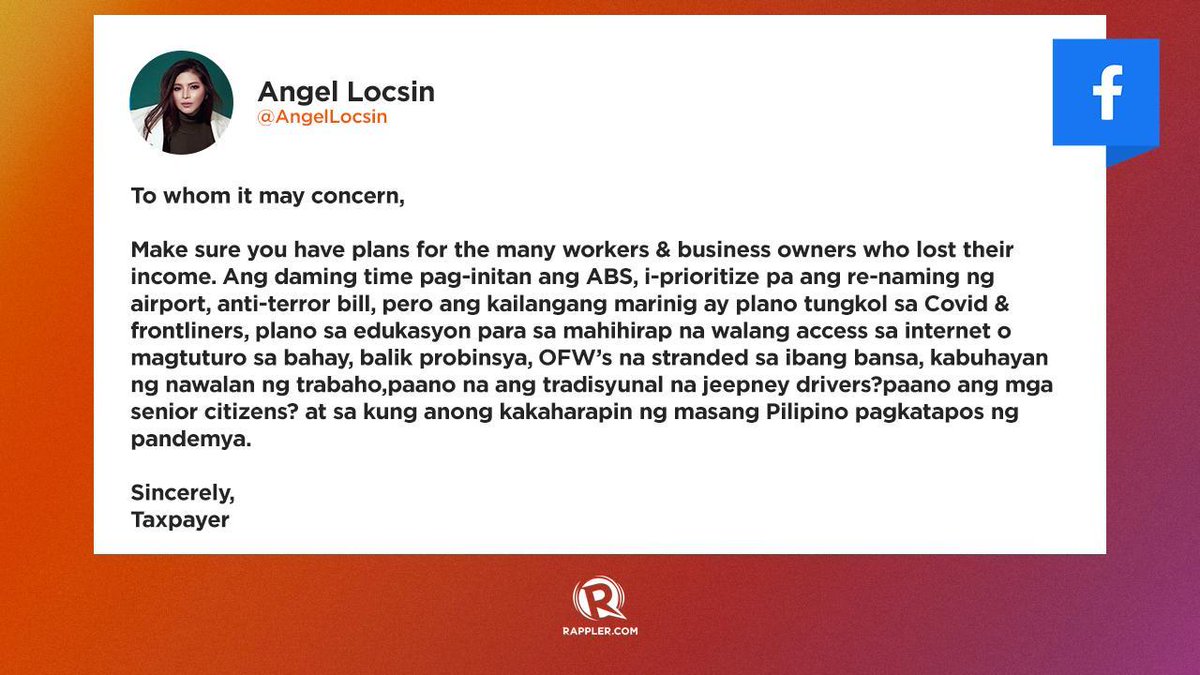 rapplerdotcom's tweet photo. With the issues hounding the Filipinos during the coronavirus pandemic, Angel Locsin pens, as a taxpayer, an open letter to the government. https://t.co/WYgqm7EAXG