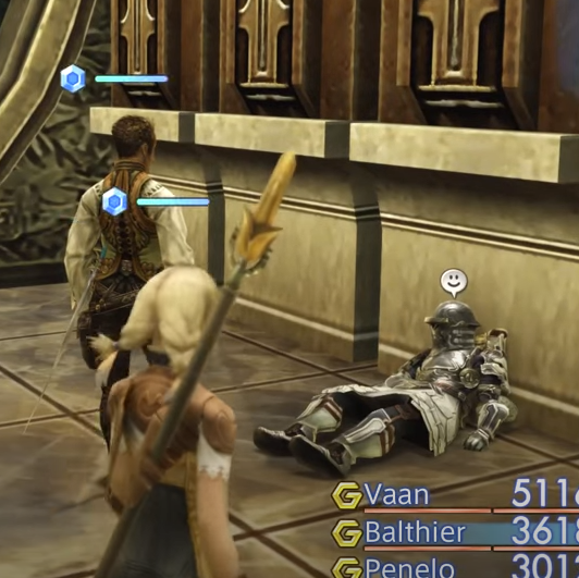 the talk icon in Final Fantasy XII is a speech bubble with a smiley face, which is cute. When you reach the Draklor Laboratory you see dead & hurt soldiers lying across the floor, some who you can still talk to, resulting in them looking way too content about their situation